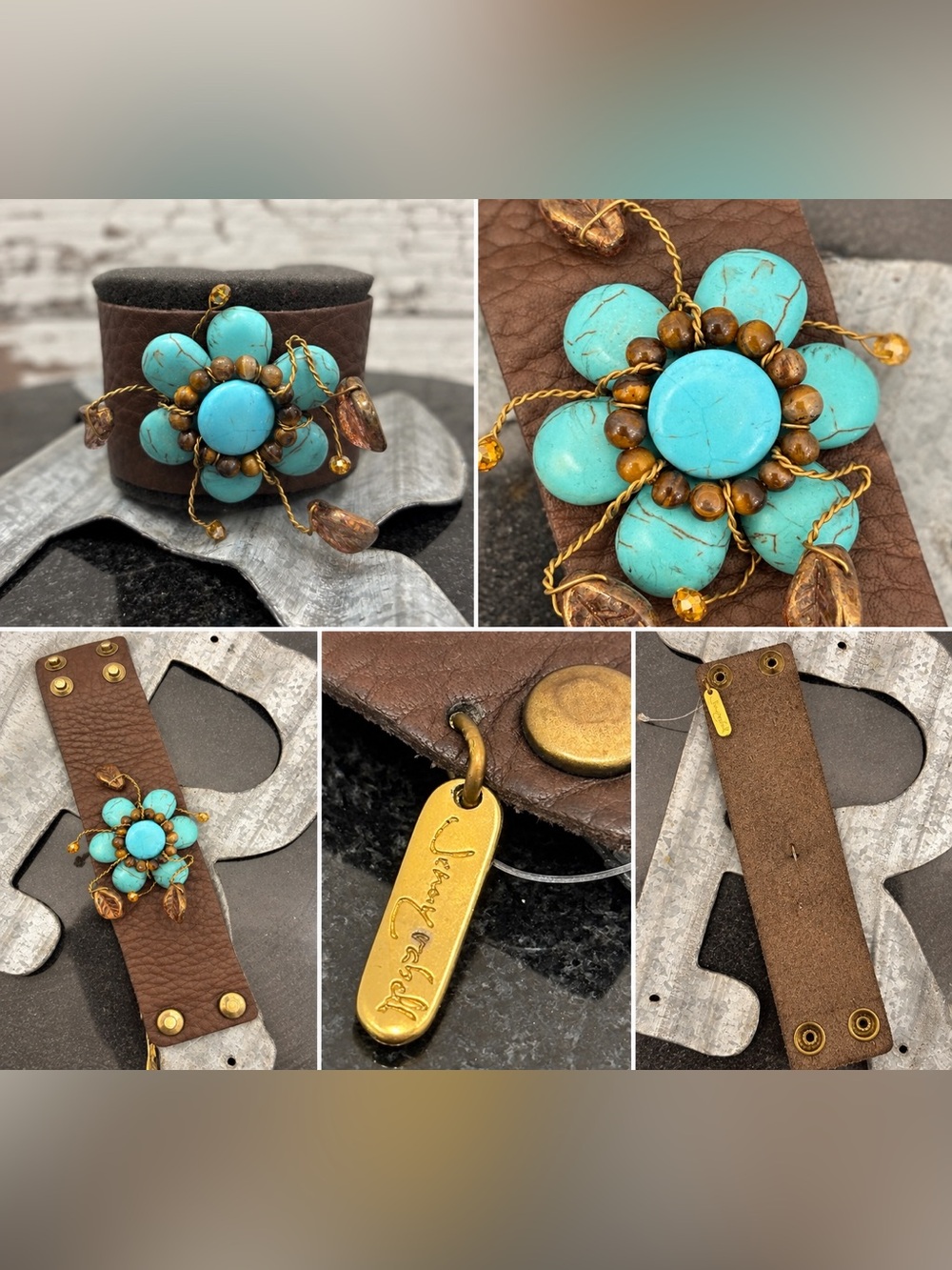 Jenny Rabell Boho Turquoise Floral Leather Band Bracelet